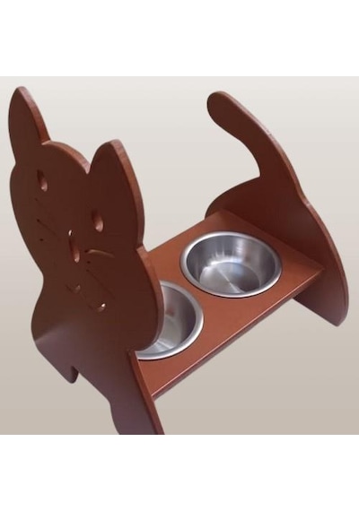 Hobi Erc 90373 Model Kedi Mama Ve Su Kabı Seti Mdf Ceviz Renk Paslanmaz Tabak