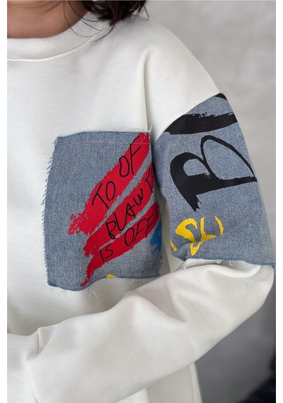 Femelle Kadın Beyaz Kot Detaylı İçi Pamuklu Sweatshirt - S76