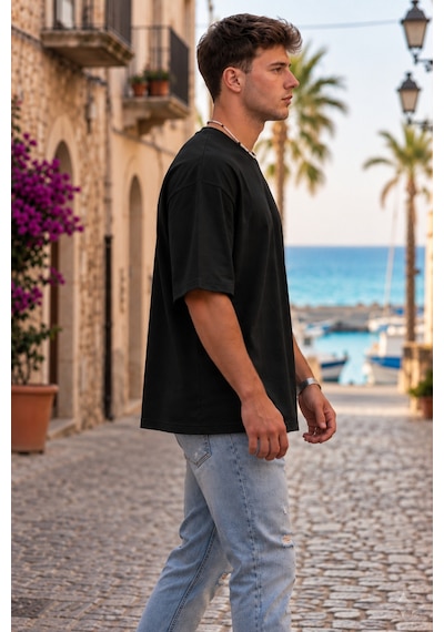 Erkek Oversize Tişört Bisiklet Yaka Basic Bol Kesim Kısa Kollu Günlük T-shirt Siyah