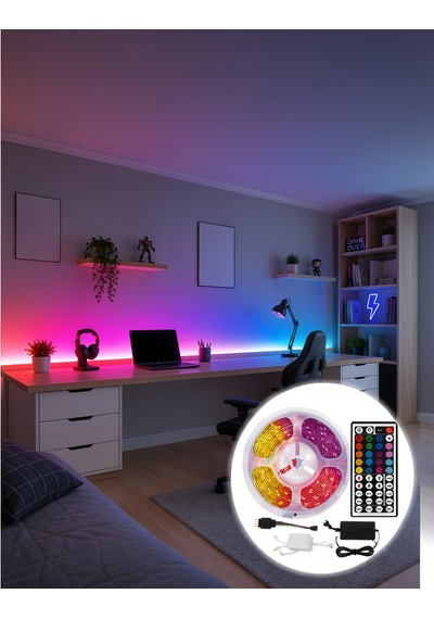 Rgb Şerit Led 5 Metre 5050 Smd Kumandalı Çok Renkli Ev Oda Tv Arkası Dekoratif Diğer