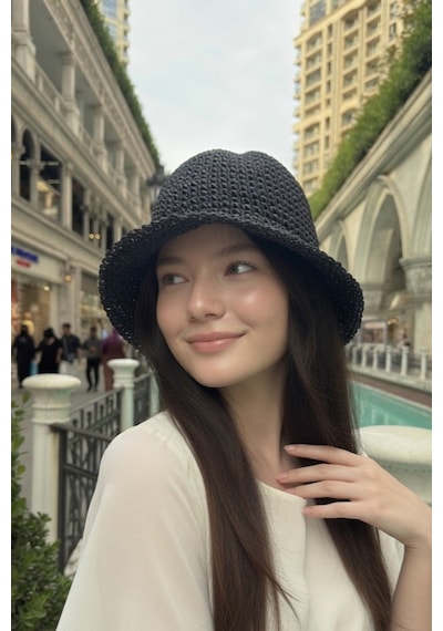 Mollycrush Kadın Siyah Yazlık Örgü Bucket Şapka Güneş Koruyucu Trend Kova Model Antrasit Siyah