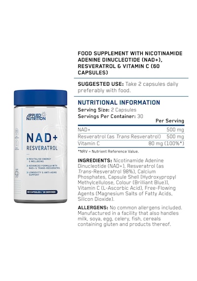 Applied Nutrition Nad+ Trans-resveratrol Cellular Energy Antioxidant Support & Daily Wellness Formula 60 Caps Aromasız
