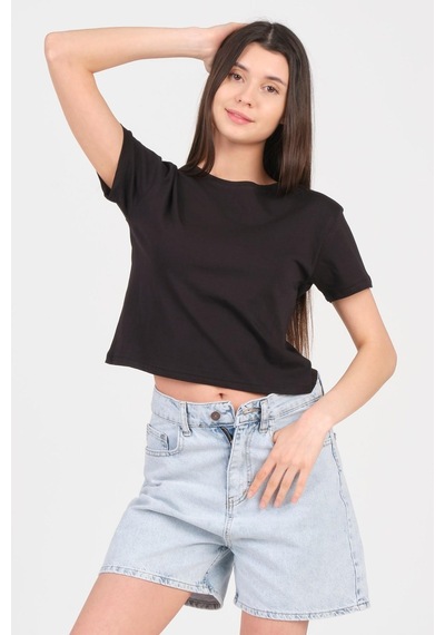 As Collection Siyah Bisiklet Yaka Kısa Kol Örme Kadın Crop 001