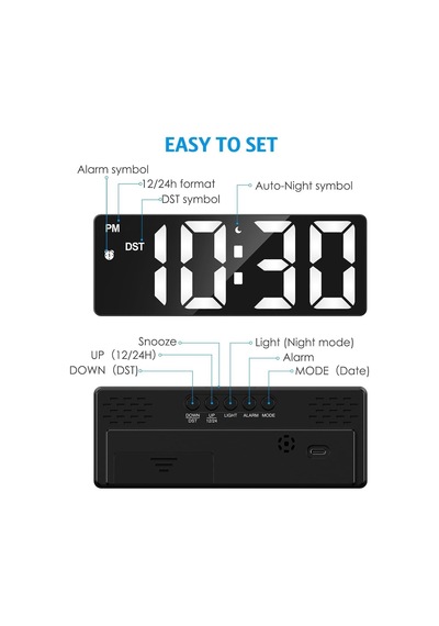 Acetech Aynalı Termometre Alarm Takvimli Led Dijital Modern Masa Saati/adpt Diğer