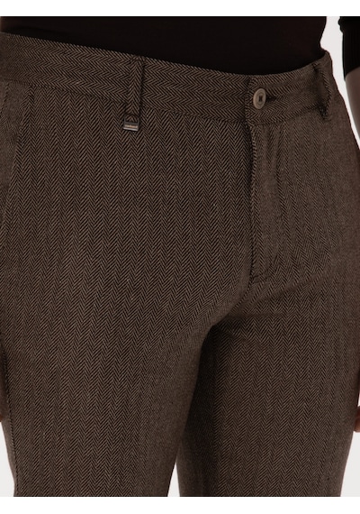 Cacharel Kahverengi Slim Fit Yün Karışımlı Balık Sırtı Kanvas Pantolon
