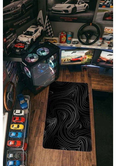 Minimal Siyah Topografik Çizgiler 40x90 Cm Oyuncu Mousepad Kaymaz Taban Büyük Boy Mousepad