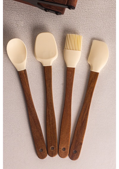 Milly Krem - 4'lü Akasya Saplı Krem Silikon Spatula Seti 21 cm Mutfak Seti Doğal Kaşık Spatula Seti