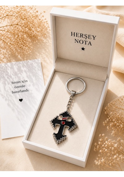 Gotik Siyah Haç Anahtarlık Kırmızı Taş Detaylı Unisex Çanta Aksesuarı
