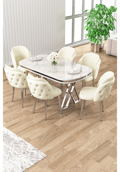 Canisa Zae Serisi 90x168 Lak Panel Beyaz Mermer Desen Krom Ayak Masa Takımı 6 Krem Sandalye Beyaz Mermer Masa Krem Sandalye Krom Detay Canisa Zae Serisi 90x168 Lak Panel Beyaz Mermer Desen Krom Ayak Masa Takımı 6 Krem Sandalye Beyaz Mermer Masa Krem Sandalye Krom Detay
