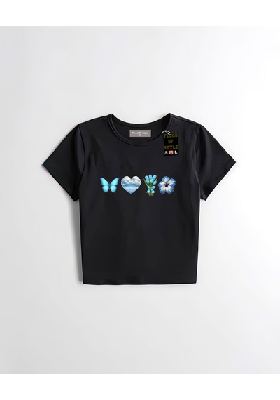 Flood Of Style Siyah Babby Tee Bulut Kalpla Lekelebek Özel Tasarım