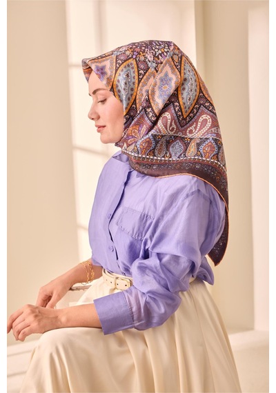 Silk Home Twill İpek Eşarp 11476-25 Acı Kahve, Turuncu, Mavi, Mor, Beyaz