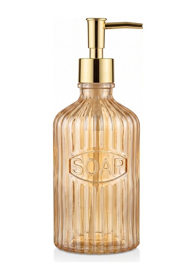 Glassy Dekoratif Cam Sabunluk Gold Pompalı Vintage Çizgili Sıvı Sabun Ve Deterjan Dispenseri - 21.5 Cm X 8 Cm - Turuncu