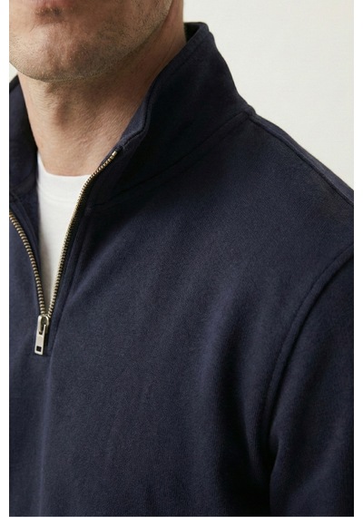 Elemge Pamuklu Erkek Sweatshirt Lacivert Soft Touch Relax Fit Yarım Fermuarlı Dik Yaka 3 Iplik Nefes Alan
