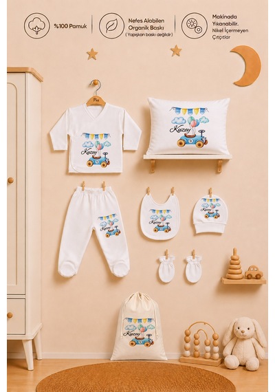 Pia Baby Kişiye Özel %100 Pamuk Erkek Bebek Hastane Çıkışı Zıbın Seti 8 Parça Kese Hediyeli 2071zybk0x Ekru