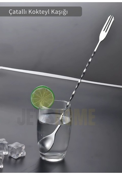 Kokteyl Kaşığı Çift Başlıklı Paslanmaz Barista Kaşığı Çatallı Barmen Kaşığı Çelik 30 Cm Gri