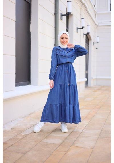 Harman Butik Kadın Fır Fırlı Denim Kot Elbise Koyu Mavi Koyu Mavi