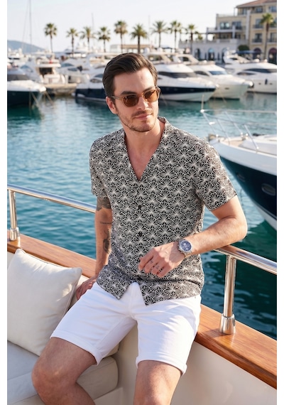 Buratti Regular Fit Kısa Kollu Apaş Yaka Desenli Erkek Gömlek Cf21S114293 Beyaz-Siyah