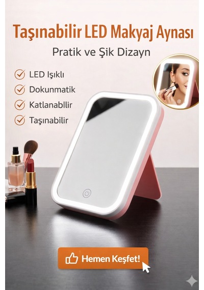 Led Işıklı Taşınabilir Makyaj Aynası Dokunmatik Kontrollü Katlanabilir Masaüstü Ayna Pembe