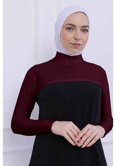 Loggia Balıkçı Yaka Boyunluklu Kolluk Bordo - Likralı Dik Yakalı Kadın Body Tesettür Crop Bolero Bordo