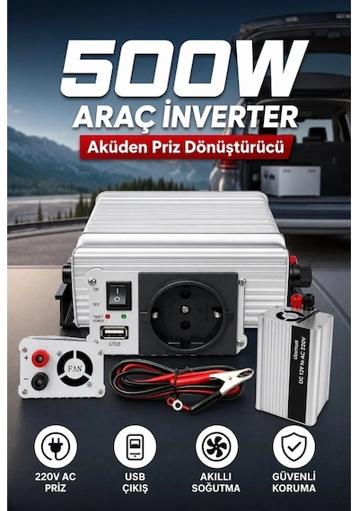 500w 12v Dc 220v Ac İnverter Usb Çıkışlı Fanlı Akü Güç Dönüştürücü Araç Kullanımı