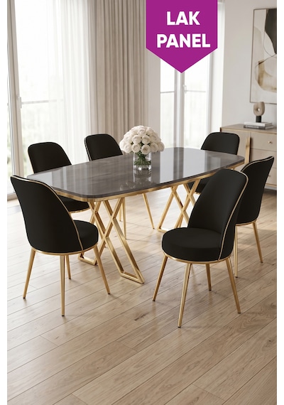 Peras Serisi 90x160 Lak Panel Antrasit İroni Gold Ayaklı Masa Takımı 6 Sandalye Antrasit İroni Masa Siyah Sandalye Peras Serisi 90x160 Lak Panel Antrasit İroni Gold Ayaklı Masa Takımı 6 Sandalye Antrasit İroni Masa Siyah Sandalye