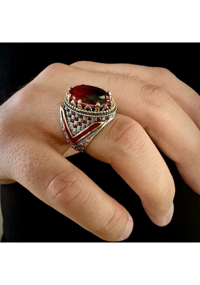 925 Ayar Gümüş Kırmızı Mineli Oval Turmalin Taşlı Erkek Yüzük Gümüş