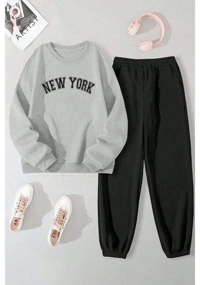 Uyguntarz Newyork Baskılı Unisex Eşofman Takımı Gri