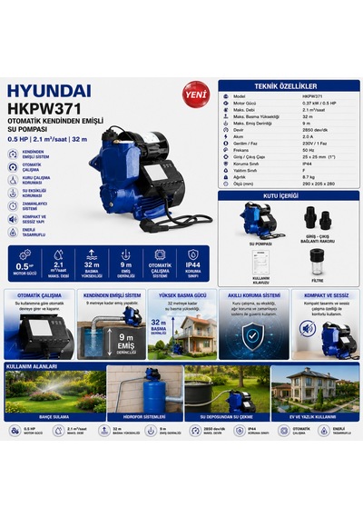 Hyundai Hkpw371 Otomatik Kendinden Emişli Su Pompası 0.5 Hp Hidrofor Bahçe Su Motoru