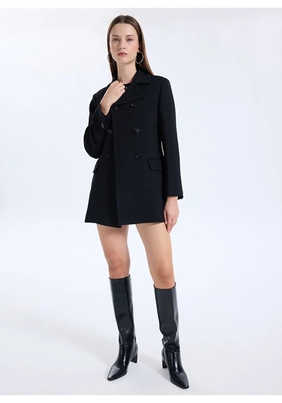 Sisley Viskoz Karışımlı Düğmeli Kruvaze Slim Fit Kaban Kadın Siyah Kaban - 325a2oualn05z