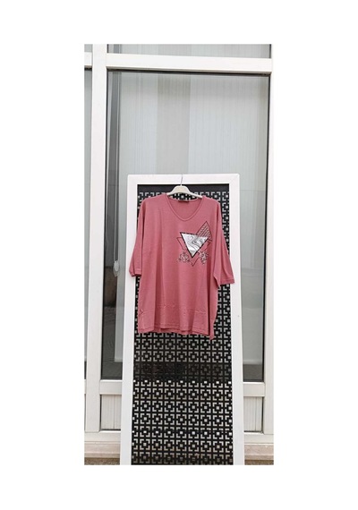 Çınar Boutique Büyük Beden Kapri Kol Tişört Gül Kurusu Gül Kurusu