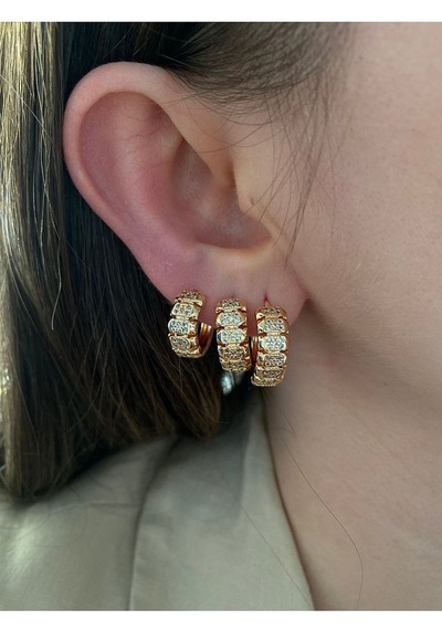 Pinery Jewels Zirkon Taşlı Halka 3'lü Altın Kaplama Kadın Küpe Seti Altın