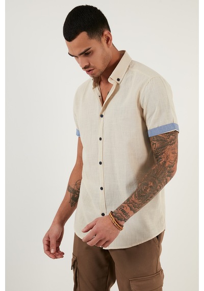 Buratti Pamuklu Slim Fit Düğmeli Yaka Kısa Kollu Erkek Gömlek Cf21S112546 Taş