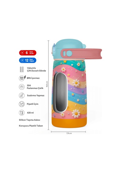 Puccon Kız Çocuk Çelik Okul Matarası Suluğu Pipetli 420 Ml Çok Renkli Çiçek Baskılı 60034