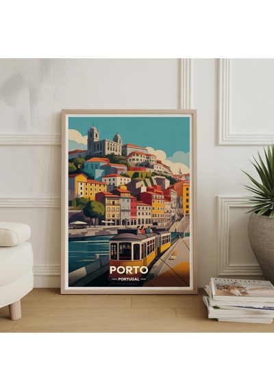 Porto Seyahat Posteri Portekiz Şehir Manzarası Sanatı Douro Nehri İllüstrasyonu Çerçeveli Baskı