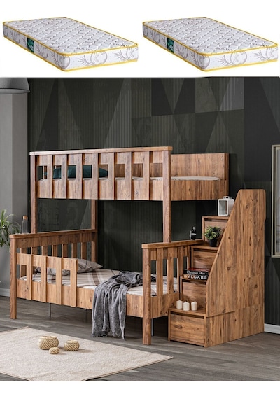 Mdf Profil Ranza, Deluxe Ayrılabilir Ranza - Ceviz + 2 Adet Comfort Yatak 90 X 190 CM Mdf Profil Ranza, Deluxe Ayrılabilir Ranza - Ceviz + 2 Adet Comfort Yatak 90 X 190 CM