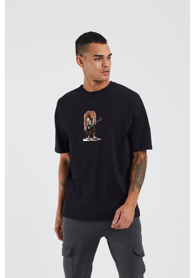 Thewert Unisex Kahverengi Saçlı Adam Baskılı Siyah Oversize Tshirt
