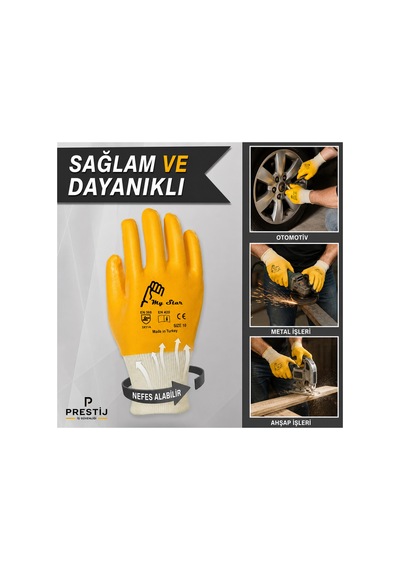 My Star Sarı Nitril Kaplı İş Eldiveni 15g Naylon Örme Beden 10 Kaymaz Dayanıklı Profesyonel