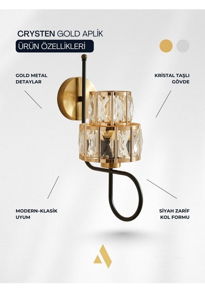 Crysten Kristal Duvar Apliği Gold & Gümüş Dekoratif Metal Duvar Lambası Alldesco Gold