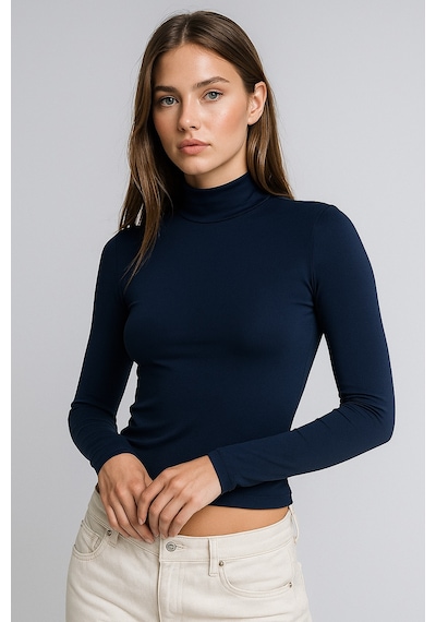 Rich Kadın Lacivert Yarım Balıkçı Yaka Uzun Kollu Crop Bluz Lacivert