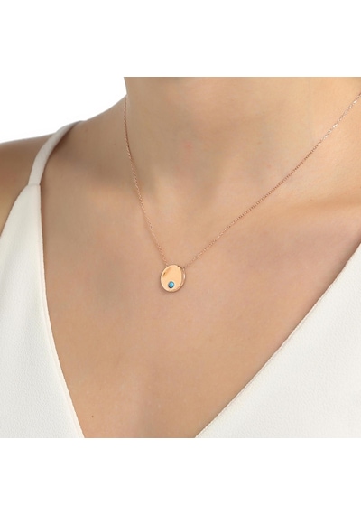 925 Ayar Rose Gümüş Mavi Taşlı Yuvarlak Kolye 426862865