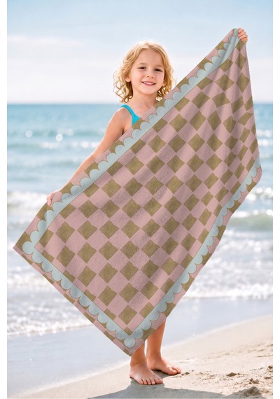 Pembe Ekose Şeritli Plaj Havlusu - Modern Bohem Pastel Kareli Hızlı Kuruyan Mikrofiber Havlu Berrak Melisa