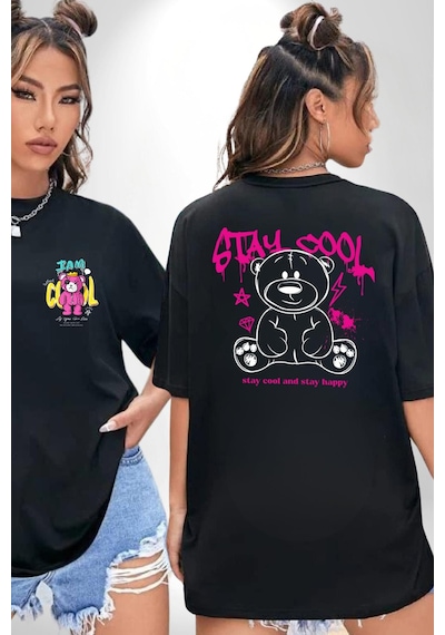 Serin Ve Mutlu Kal Siyah Oversize Unisex Ön Ve Sırt Baskılı Tişört Siyah