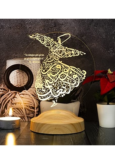 Lamba Mevlana Sözleri Tasarımlı Dini Hediye Gece Lambası Mevlana Semazenleri Mevlevilik Çok Renkli