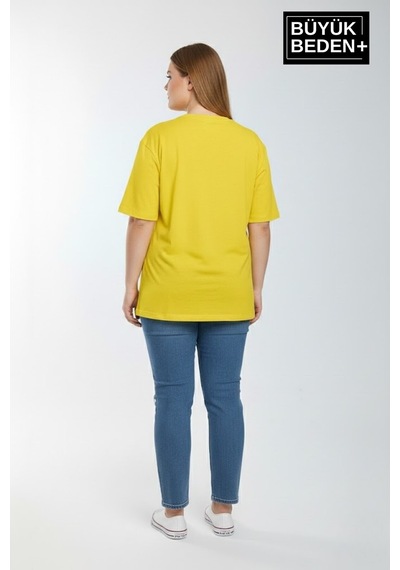 Superlife Kadın Büyük Beden Ar Baskılı 3xl-6xl Bisiklet Yaka Tshırt Spr26btsk510-1 Sarı