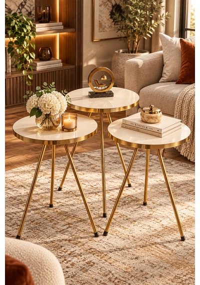 Odera Gold Krem Yuvarlak Zigon Sehpa 3'lü Set Metal Ayaklı Modern Salon Sehpası Diğer