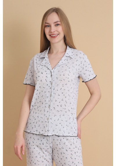 Wordex Mirano 1714 Çiçekli Pointel İnce Kumaş Düğmeli Kısa Kollu Kadın Pijama Takımı Gri