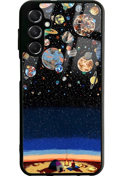 Samsung Uyumlu M34 Gezegenler Altında Kamp Tasarımlı Glossy Telefon Kılıfı Siyah