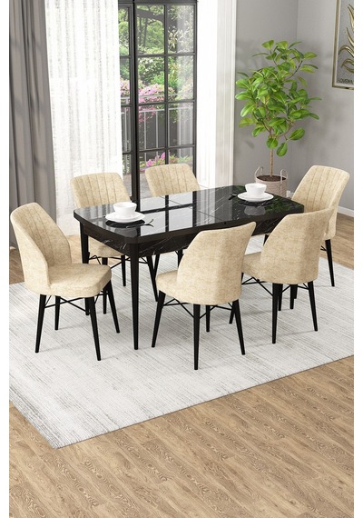 Arel Siyah Mermer 80x132 Açılabilir Mdf Masa Yemek Odası Takımı, Mutfak Takımı 6 Adet Sandalye Siyah Mermer - 6 Krem - Siyah Ayak Arel Siyah Mermer 80x132 Açılabilir Mdf Masa Yemek Odası Takımı, Mutfak Takımı 6 Adet Sandalye Siyah Mermer - 6 Krem - Siyah Ayak