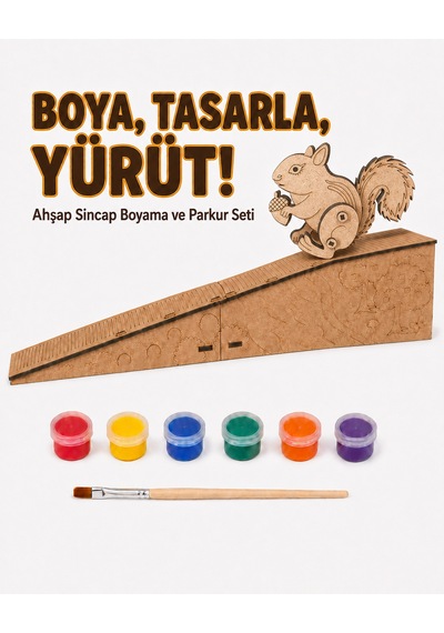 Çocuk Ahşap Hareketli Sincap Boyama Seti 6 Renk Boya, Fırça Ve Kolay Montaj Parkuru