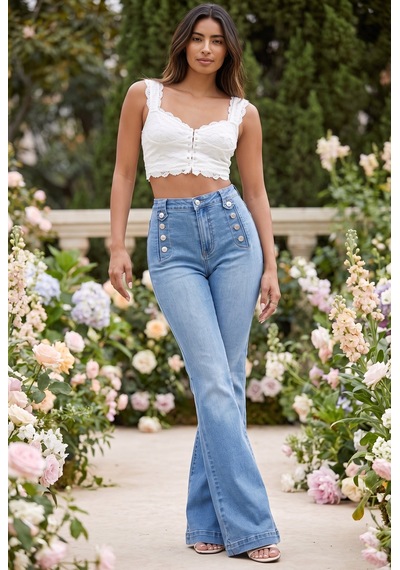 Soulshae Yüksek Bel Düğmeli Cepli Denim Pantolon Mavi